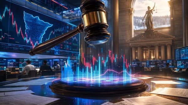 Federal courthouse and crypto trading floor symbolize blocked prediction market law.