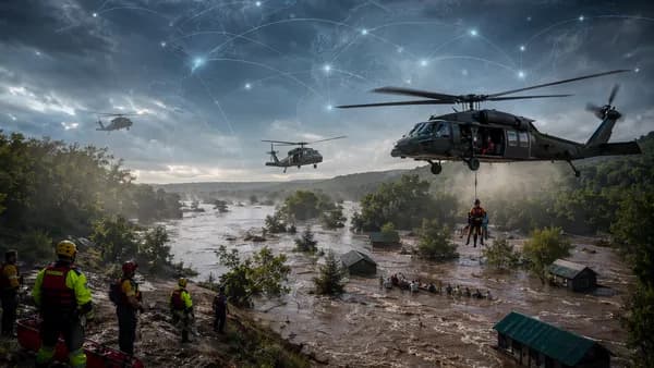 Helicopter rescue over flooded Missouri summer camp with washed-out roads and global map overlay