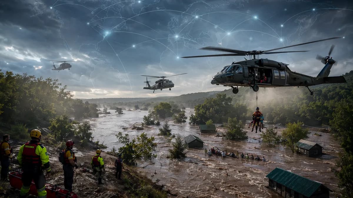 Helicopter rescue over flooded Missouri summer camp with washed-out roads and global map overlay