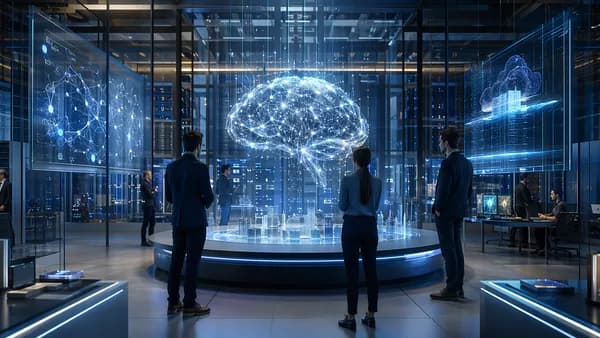 Futuristic AI hub with engineers, neural network hologram, servers and enterprise cloud infrastructure.