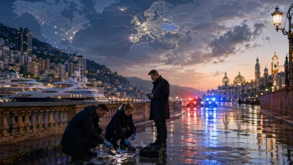 Investigators amid police lights with Monaco and Ukraine linked on a glowing world map.