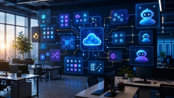 Modern SaaS office with AI agents automating cloud dashboards amid empty desks.