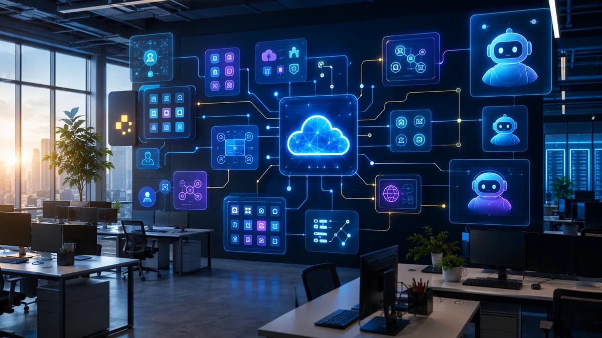 Modern SaaS office with AI agents automating cloud dashboards amid empty desks.