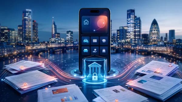 Smartphone with abstract banking UI automating debt payments into a consolidated loan hub.
