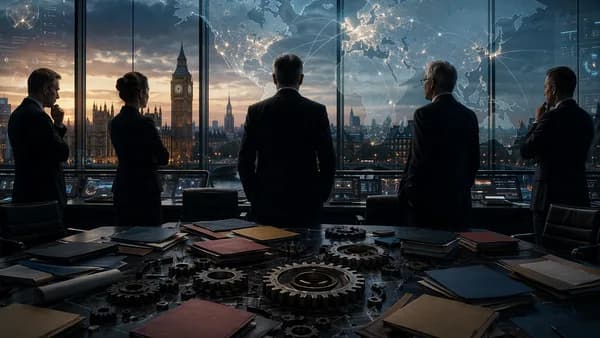Symbolic UK government command room with Westminster, global map, and unfinished machinery.