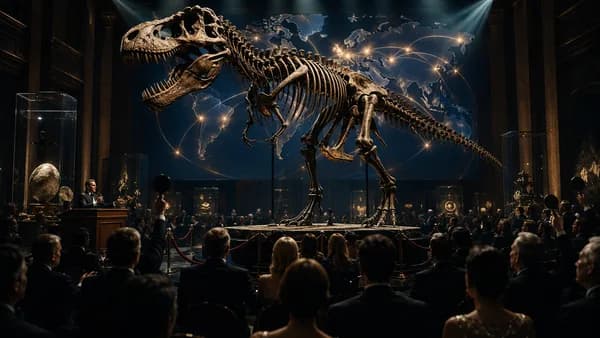 T. rex skeleton in a luxury auction hall with global map lights and silhouetted bidders