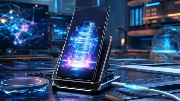 Unbranded smartphone charging with glowing power waves in a futuristic tech workspace.