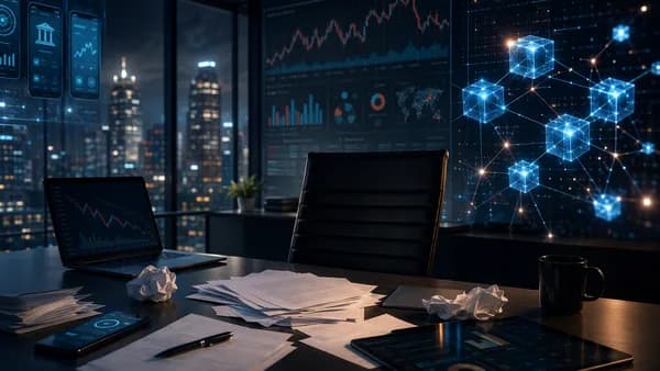 Fintech bankruptcy scene with blank legal papers and a glowing blockchain network still operating