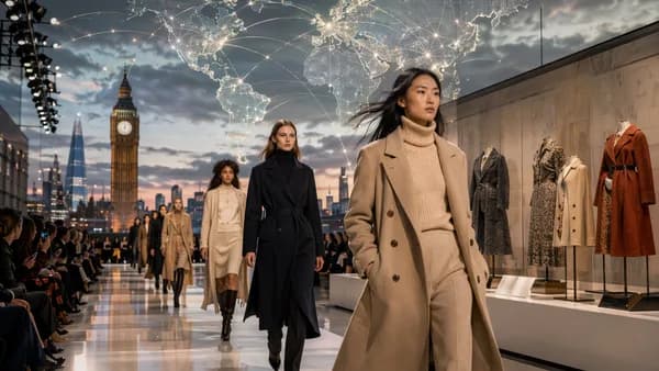 Modern London runway celebrating British fashion heritage with global map connections in a cinematic editorial scene.