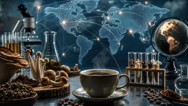 Steaming mushroom coffee cup with lab elements and global map connections in a modern editorial scene.