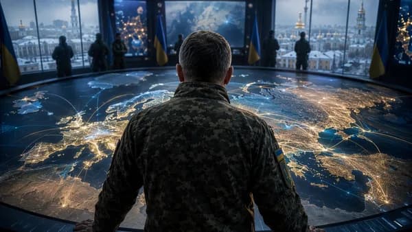 Generic Ukrainian commander in a winter command room over a glowing global map and connections.