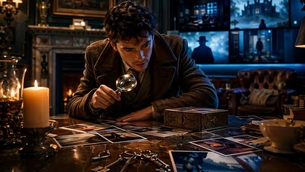 Young detective examines clues in a stylish mansion, evoking playful mystery movie whodunits.