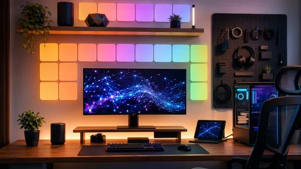 Colorful modular smart light panels with pegboard storage in a modern tech workspace