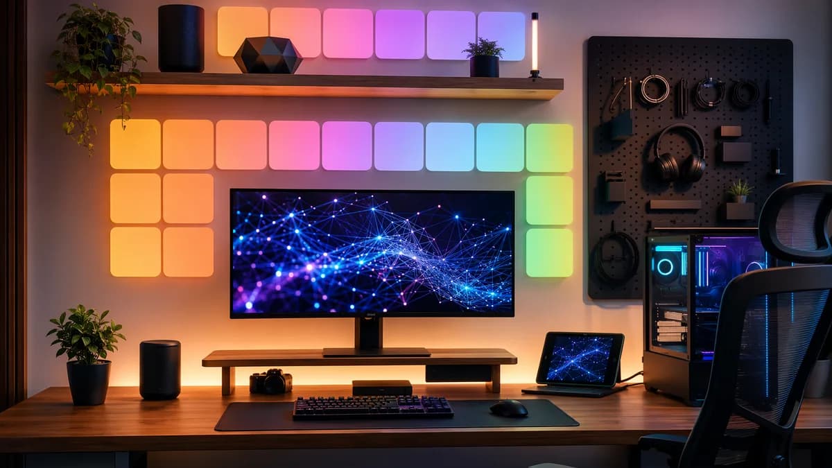 Colorful modular smart light panels with pegboard storage in a modern tech workspace