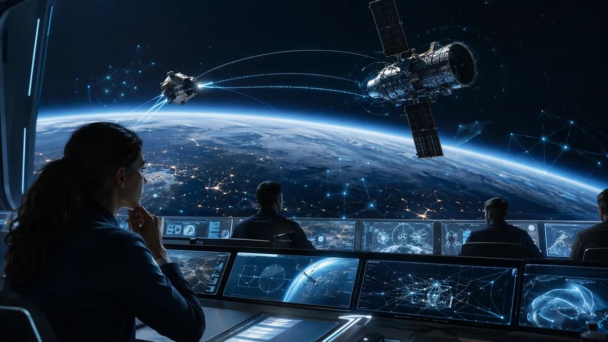 Futuristic mission control tracks a rescue craft approaching a space telescope above Earth.