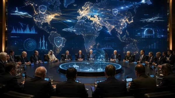 World leaders at a defense summit with glowing world map connections and air-defense visuals.