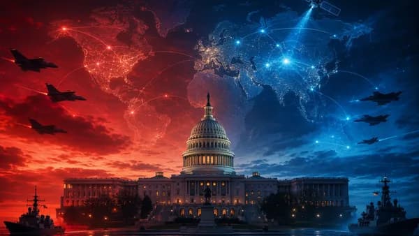 US Capitol with global defense imagery and connected world map, symbolizing a contentious defense bill vote.