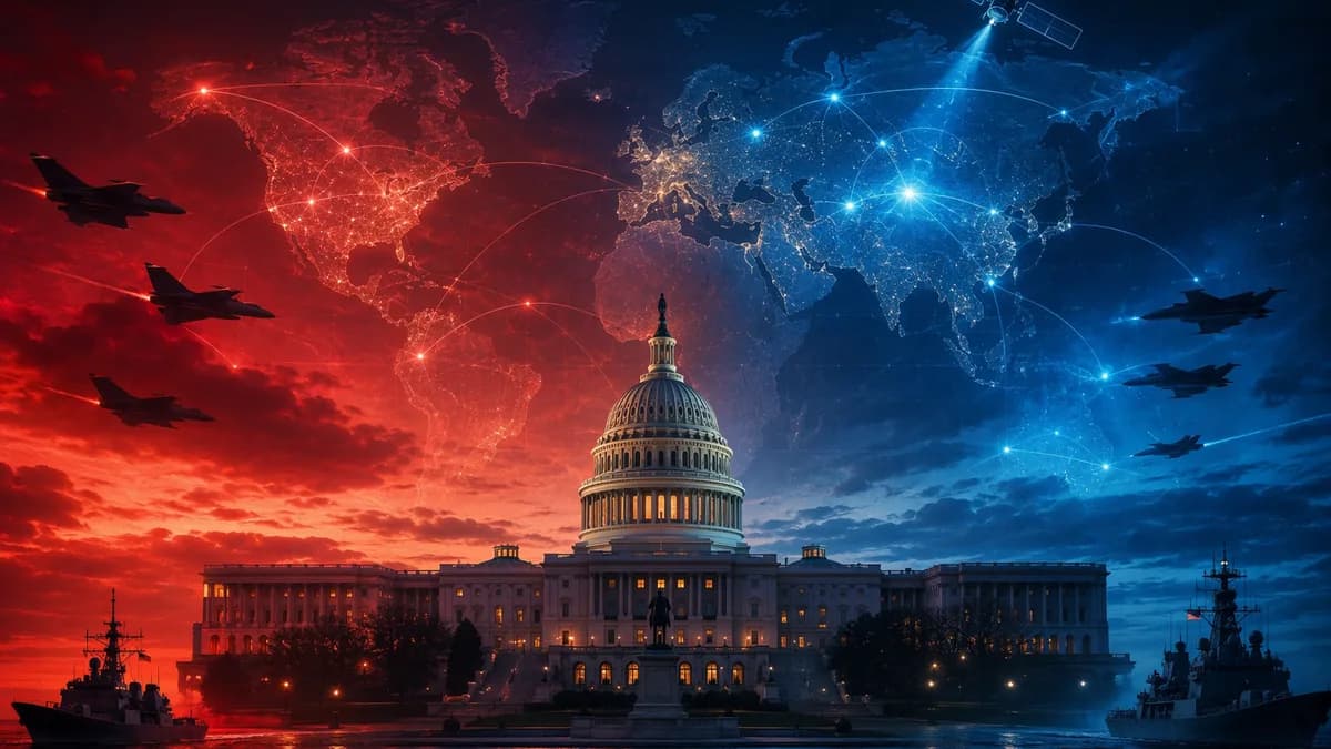US Capitol with global defense imagery and connected world map, symbolizing a contentious defense bill vote.