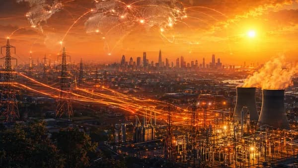 Heatwave strains Britain’s power grid with glowing transmission lines and global energy map overlay