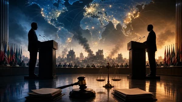 Diplomatic standoff with world map, legal scales, and crisis skyline symbolizing global political tensions