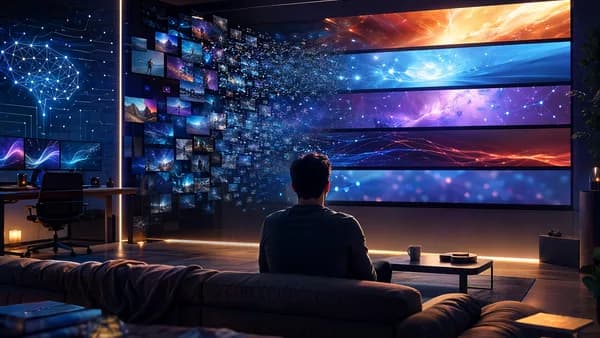 Futuristic streaming hub with continuous channels replacing a maze of choice tiles