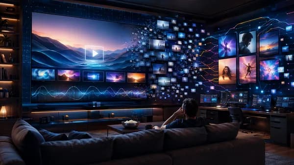 Viewer surrounded by blank streaming screens in a futuristic media hub, symbolizing changing binge habits.