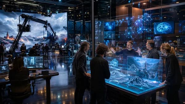 AI-powered film studio with filmmakers, holographic storyboards, cameras, and neural network visuals.