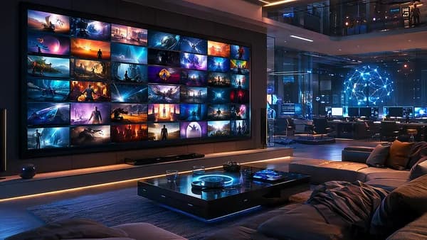 Futuristic streaming hub with glowing abstract movie tiles on screens, no branding or text.
