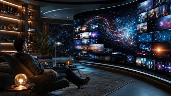 Futuristic streaming hub with abstract always-on TV channels and a viewer in a sleek tech living room.