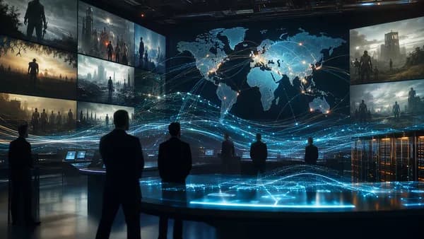 Futuristic streaming control room with global media signals and post-apocalyptic content imagery.