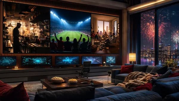 Futuristic streaming hub with abstract panels for kitchen drama, soccer comfort, and Manhattan comedy.