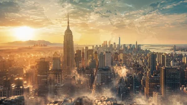 New York skyline in extreme humid heat with global map connections suggesting climate risk.