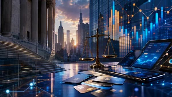 New York courthouse and fintech trading interface symbolizing Kalshi prediction market regulation dispute