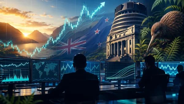 New Zealand Dollar rally visual with trading charts, central bank silhouette, and market data screens.