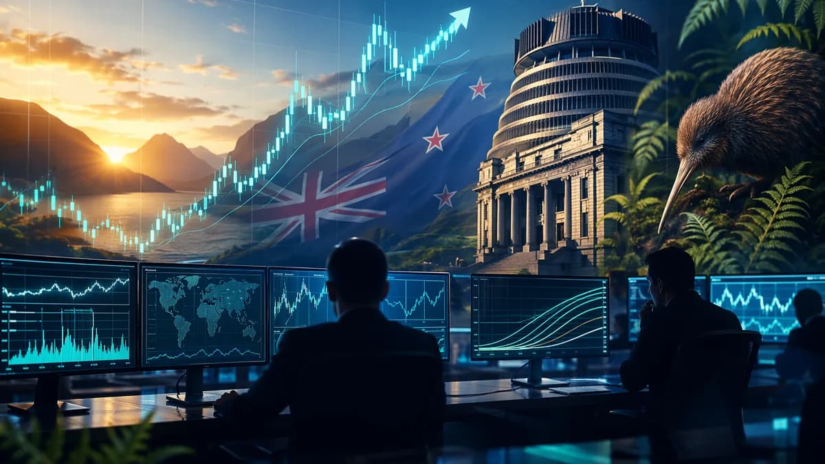 New Zealand Dollar rally visual with trading charts, central bank silhouette, and market data screens.