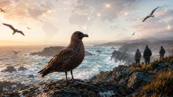 Brown skua on New Zealand coast with global map links, symbolizing bird flu threat to native species.