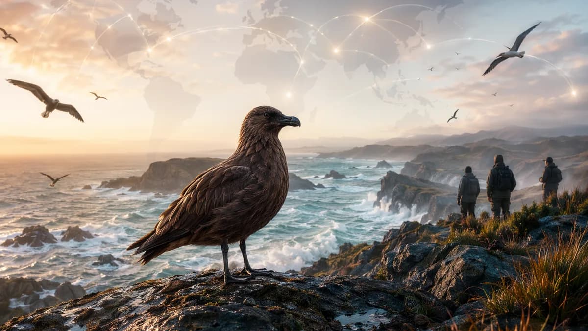 Brown skua on New Zealand coast with global map links, symbolizing bird flu threat to native species.