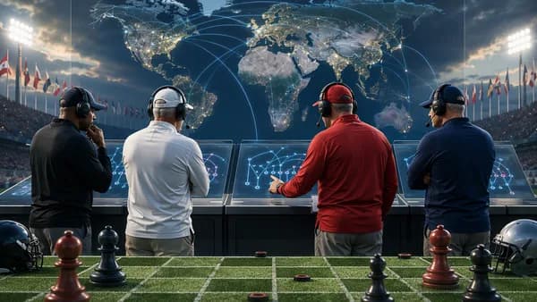 Anonymous football coaches strategize before a glowing world map with global network connections.