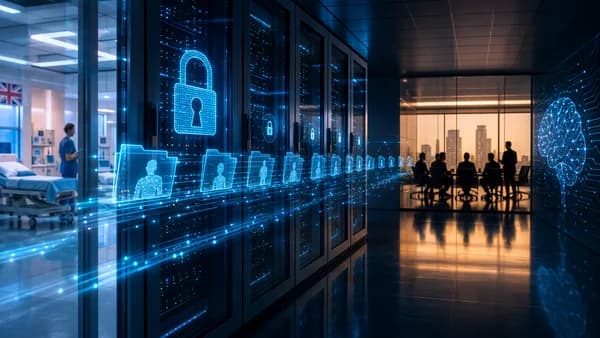 Healthcare records flowing through secure servers toward a corporate boardroom, suggesting privacy concerns.