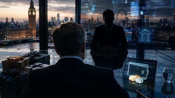 Generic politician with crypto gifts and digital finance visuals under investigative lighting