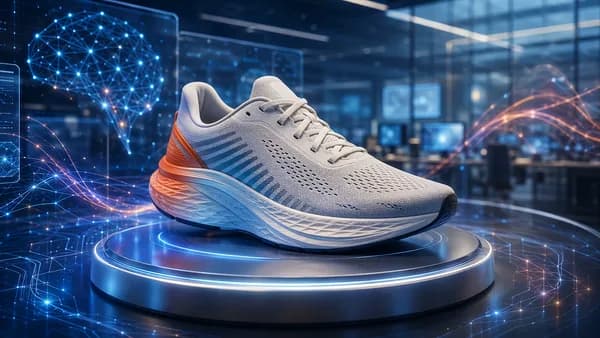 Cushioned running shoe on a futuristic tech display with glowing screens and circuits.
