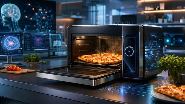 Futuristic countertop microwave air fryer crisping reheated pizza in a sleek tech kitchen