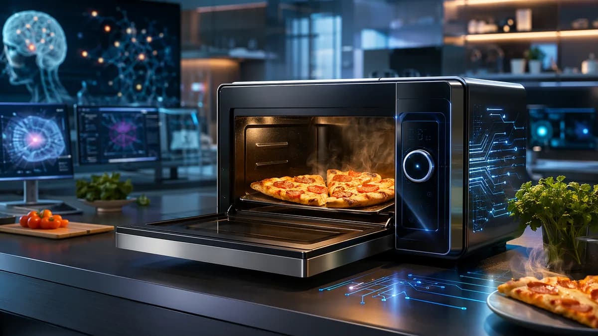 Futuristic countertop microwave air fryer crisping reheated pizza in a sleek tech kitchen