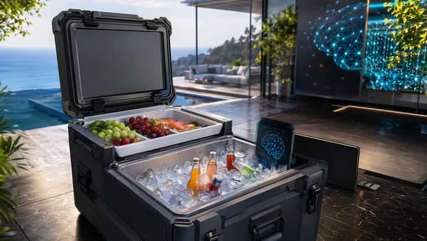 Premium unbranded cooler with ice and dry drawer in a modern sunlit tech-inspired summer setting.
