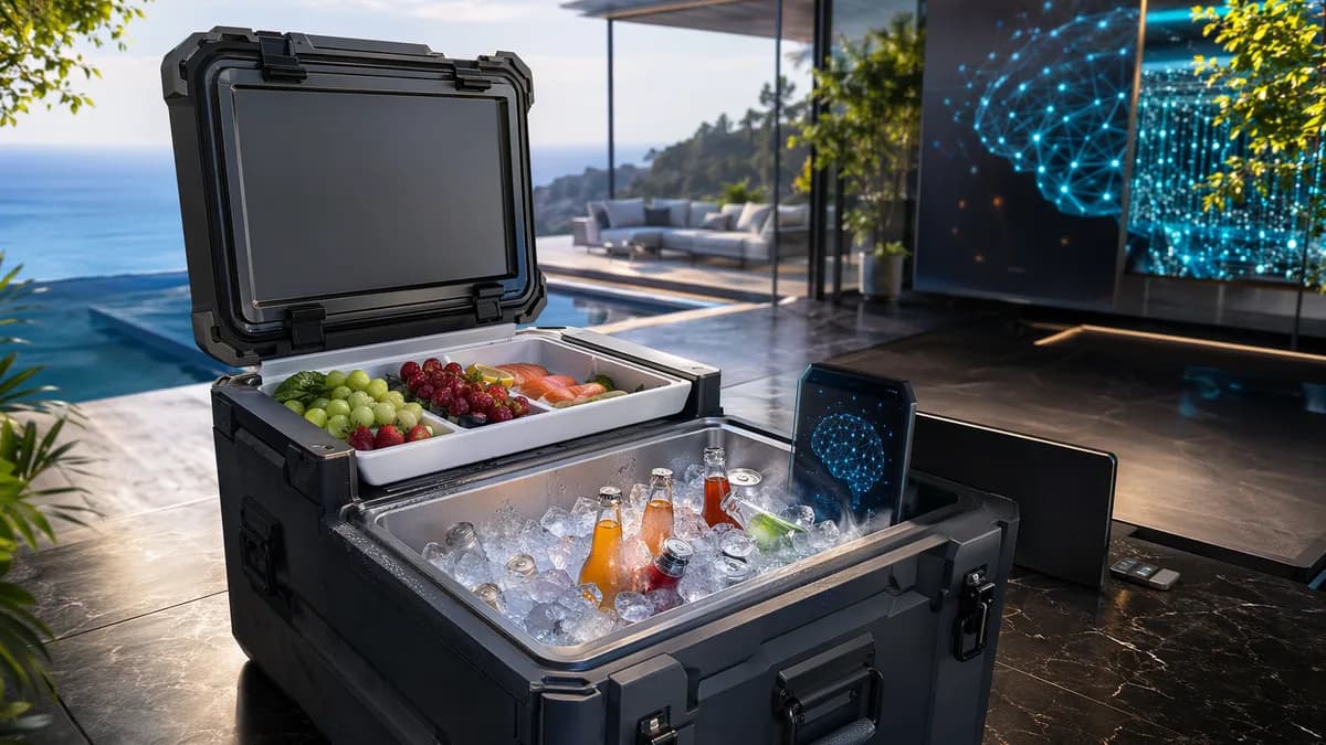 Premium unbranded cooler with ice and dry drawer in a modern sunlit tech-inspired summer setting.