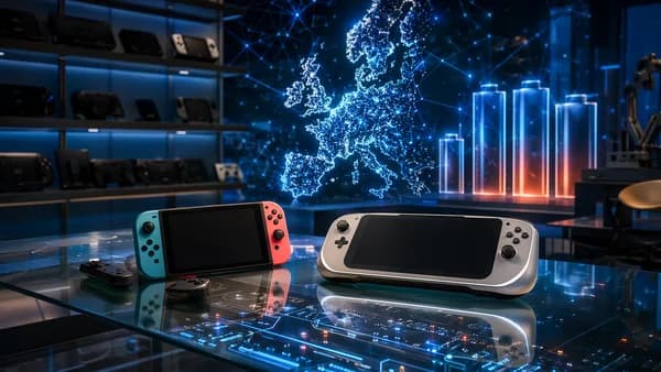 Generic handheld consoles in a futuristic tech workspace with Europe-shaped light backdrop and battery motifs.
