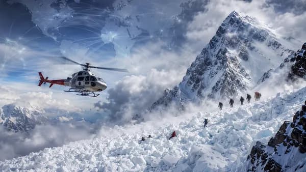 Avalanche on a Himalayan peak with climbers and a rescue helicopter in stormy conditions.