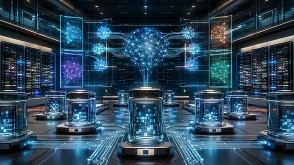 Futuristic AI evaluation lab with blind data capsules and neural network screens for model benchmarking.