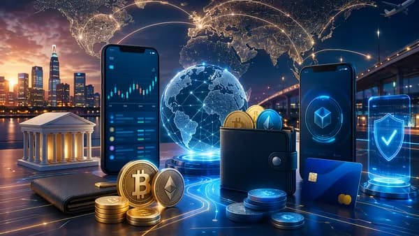 Digital payment rails connecting fiat, crypto wallets, stablecoins, and card issuing across a global network.