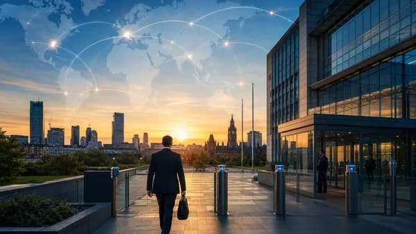 Manchester government hub with official silhouette, skyline, world map and global connection lines.